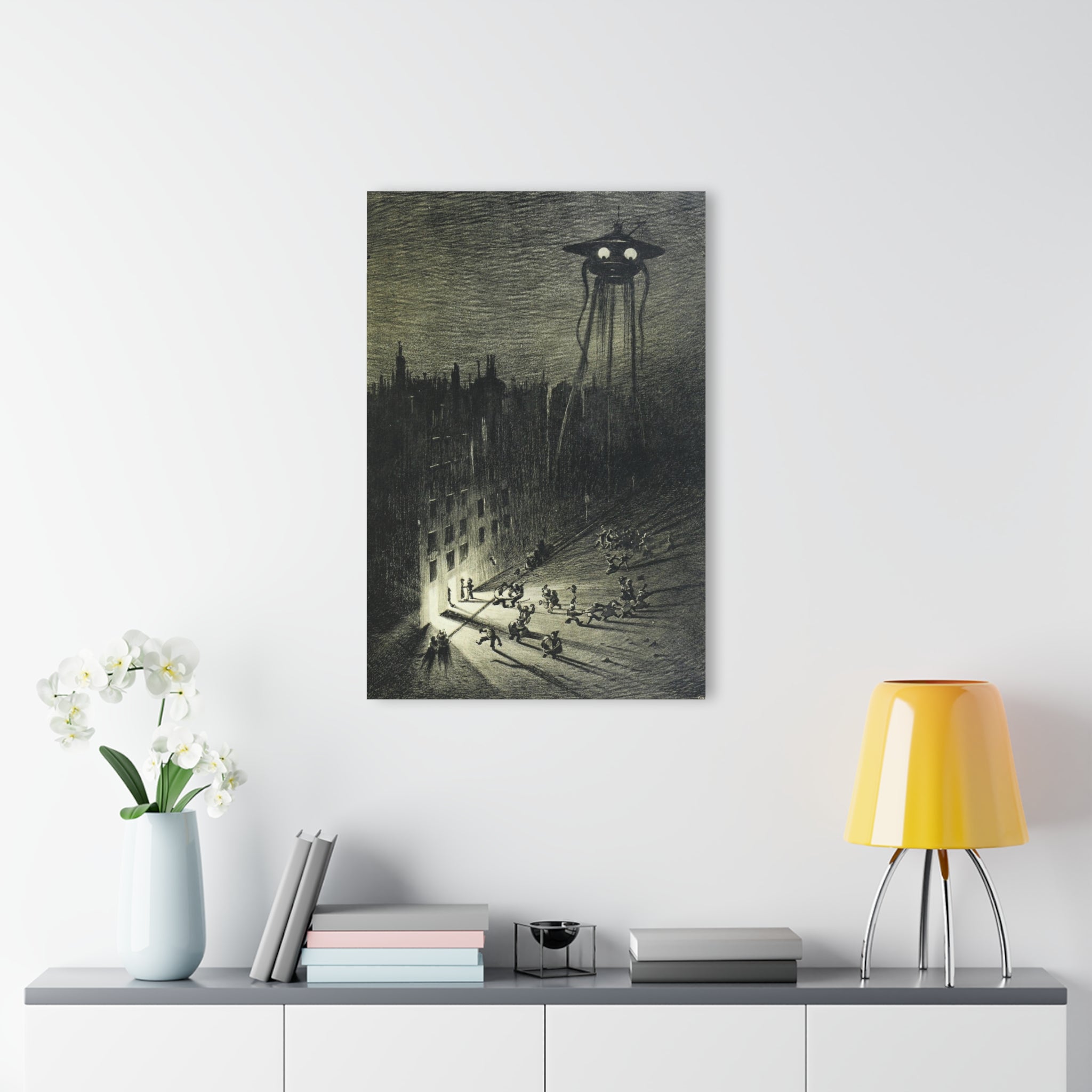 Acrylic Print - Vintage Sci‑Fi Cityscape with Tripod Invader