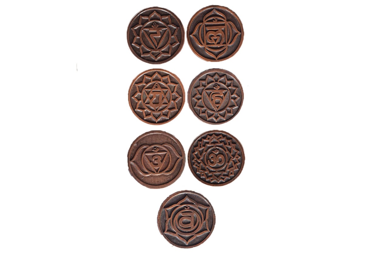 7 Chakra Round Copper Plated Disc Incense Holders – Set of 7