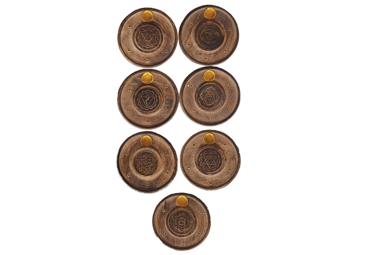 7 Chakra Round Mango Wood Disc Incense Holders – Set of 7