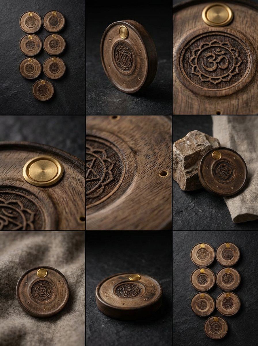 7 Chakra Round Mango Wood Disc Incense Holders – Set of 7