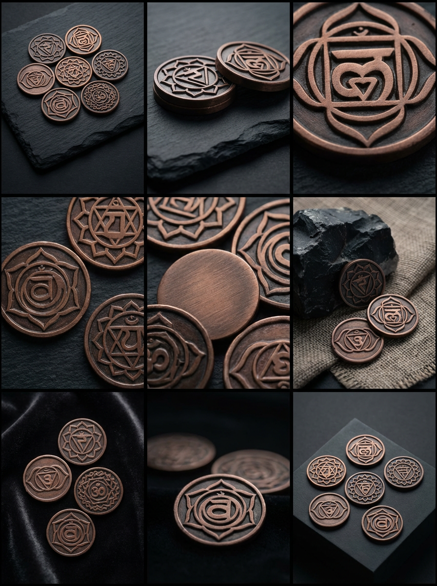 7 Chakra Round Copper Plated Disc Incense Holders – Set of 7